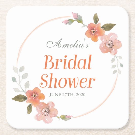 オレンジデリケート水カラーフローラブライダルシャワー スクエアペーパーコースター (正面)
