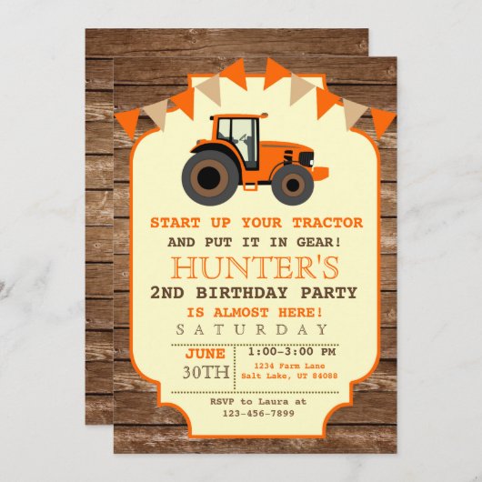 オレンジトラクター招待状、ファーム誕生日 招待状 (正面/裏面)