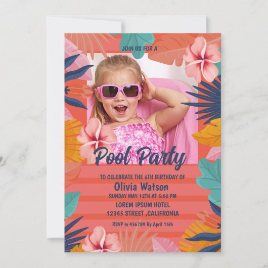 オレンジトロピカルフローラアロハルアウ（ハワイ式宴会）誕生日写真 招待状 (正面)
