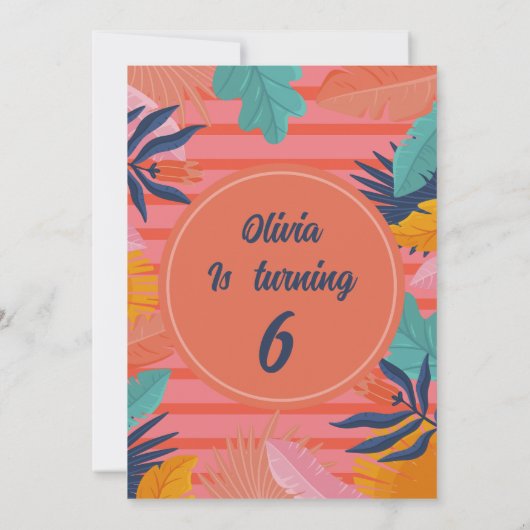 オレンジトロピカルフローラアロハルアウ（ハワイ式宴会）誕生日写真 招待状 (裏面)