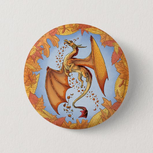 オレンジドラゴンの秋の自然ファンタジーアート 缶バッジ (正面)