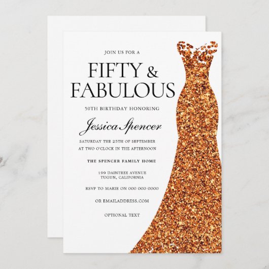 オレンジドレスフィフティ&素晴らしい50th誕生日パーティー 招待状 (正面/裏面)