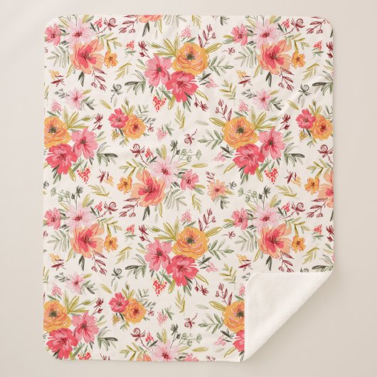 オレンジドードルガーデンフラワーパターン シェルパブランケット (正面)