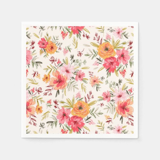 オレンジドードルガーデンフラワーパターン スタンダードカクテルナプキン (正面)