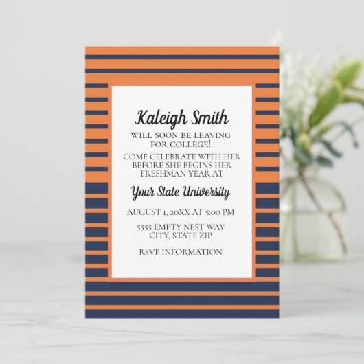 オレンジネイビーブルーストライプのカレッジトランクパーティー 招待状 (スタンド正面)
