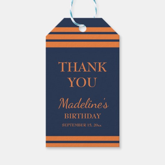 オレンジネイビーブルーストライプのバースデーパーティーありがとう ギフトタグ (正面)