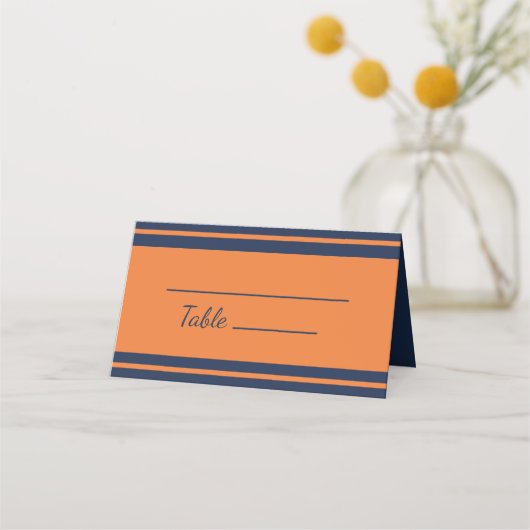 オレンジネイビーブルーストライプのバースデーパーティー プレイスカード (正面)