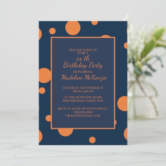 オレンジネイビーブルー水玉模様バースデーパーティー招待状 招待状 (スタンド正面)
