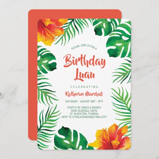 オレンジハイビスカストロピカル葉誕生日ルアウ(ハワイ式宴会) 招待状 (正面/裏面)