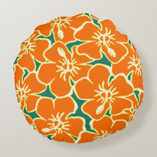 オレンジハイビスカスフラワートロピカルハワイアンルアウ（ハワイ式宴会） ラウンドクッション (裏面)