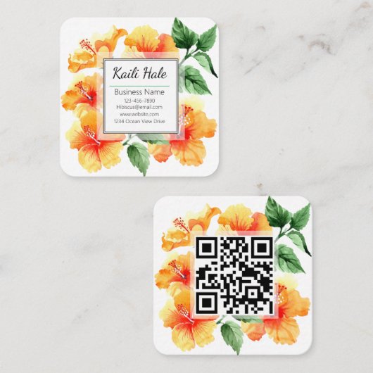 オレンジハイビスカスフラワービジネスカード(QRコード付) スクエア名刺 (正面/裏面)