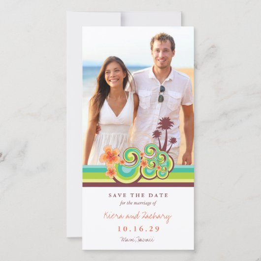 オレンジハイビスカス熱帯ティール(緑がかった色)波ビーチ写真 セーブザデート (正面)