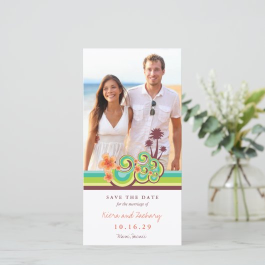 オレンジハイビスカス熱帯ティール(緑がかった色)波ビーチ写真 セーブザデート (スタンド正面)