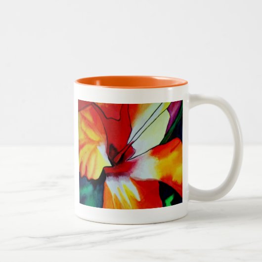 オレンジハイビスカス熱帯花の水彩画 ツートーンマグカップ (右)