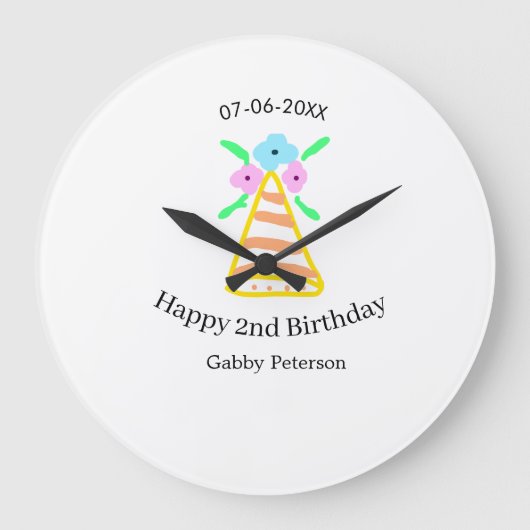 オレンジハット2ndバースデーキッズretroフローラブライトb ラージ壁時計 (正面)