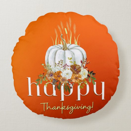 オレンジハッピーサンクスギビング秋フローラパンプキン ラウンドクッション (正面)