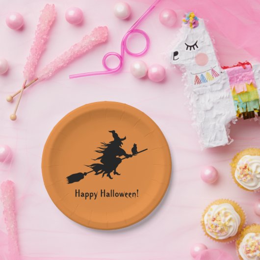 オレンジハッピーハローウィン2018の黒い魔法使いのシルエット ペーパープレート (パーティー)