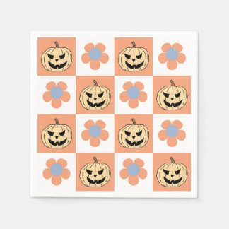 オレンジハロウィーンカボチャとデイジーチェッカーボード スタンダードカクテルナプキン