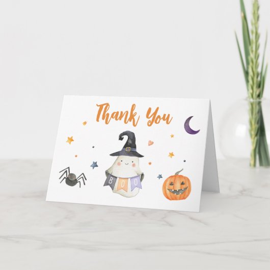 オレンジハロウィーン幽霊リトルブベビーシャワー サンキューカード (正面)