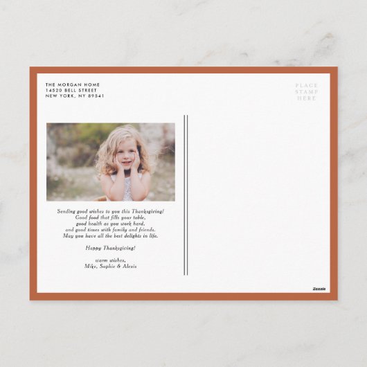 オレンジハンドレタリングハッピー感謝祭写真 シーズンポストカード (裏面)