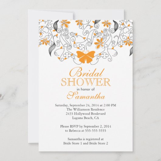 オレンジバタかわいらしフライフローラブライダルシャワー 招待状 (正面)