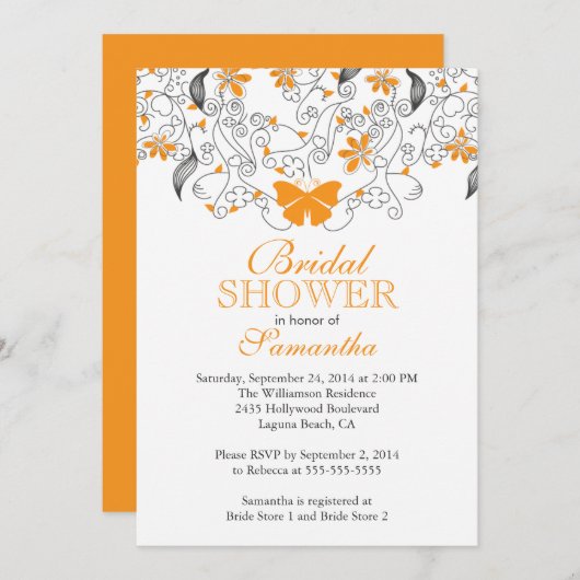 オレンジバタかわいらしフライフローラブライダルシャワー 招待状 (正面/裏面)