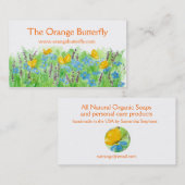 オレンジバタフライビジネスカードブルーワイルドフラワーアート 名刺 (正面/裏面)