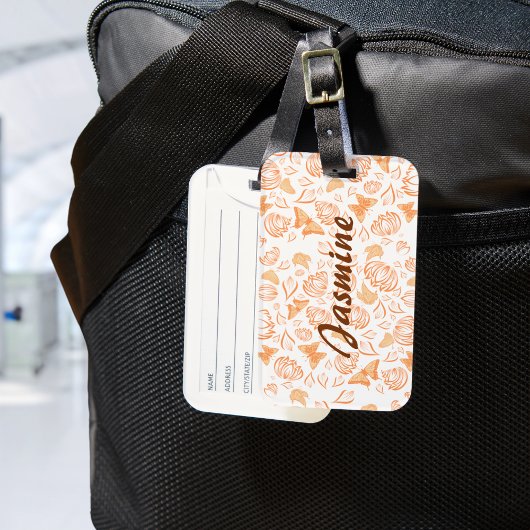 オレンジバタフライフローラルパターカスタムンモノグラム ラゲッジタグ