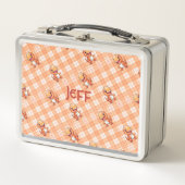オレンジバッファローチェックと恐竜とモノグラム | メタルランチボックス (正面)