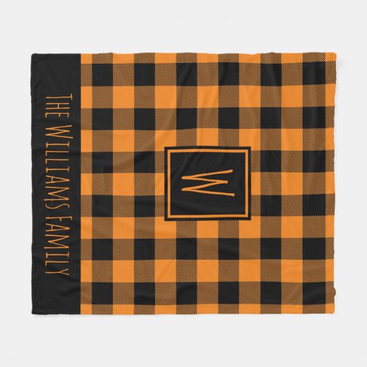 オレンジバッファロープレイドモノグラム名前をカスタムする  フリースブランケット (正面(横))