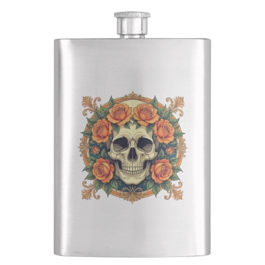 オレンジバラと頭蓋 フラスク (正面)