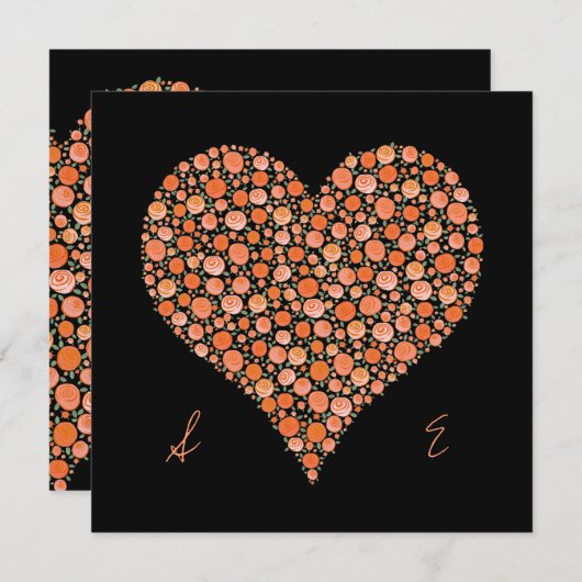 オレンジバラのハートの招待の婚約の黒 招待状 (正面/裏面)