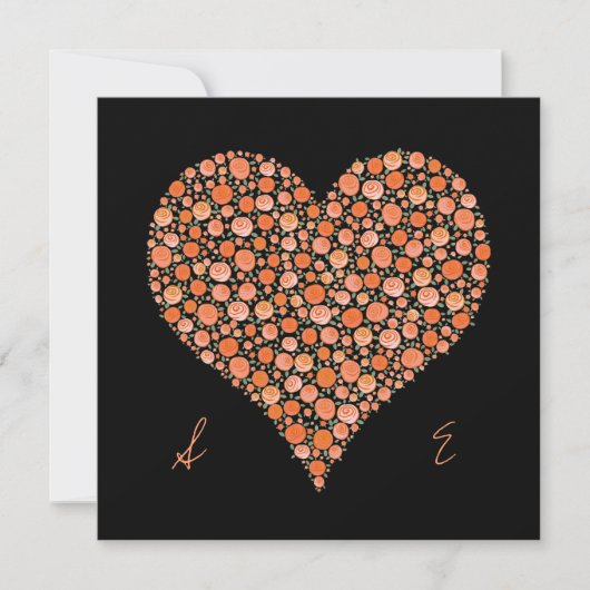 オレンジバラのハートの招待の婚約の黒 招待状 (正面)