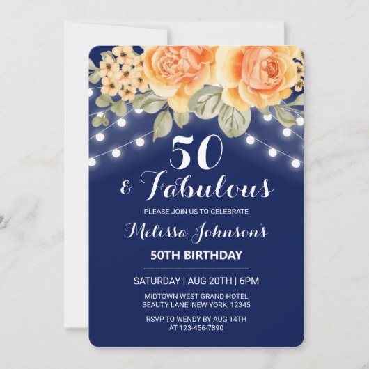 オレンジバラストリングライツネイビー誕生日 招待状 (正面)