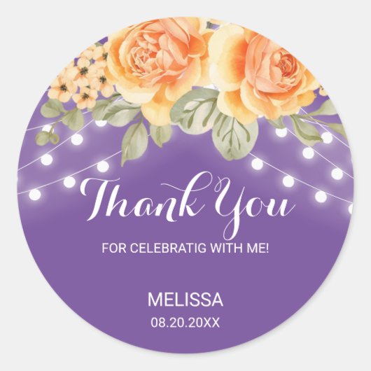 オレンジバラストリングライツパープル誕生日感謝してい ラウンドシール (正面)