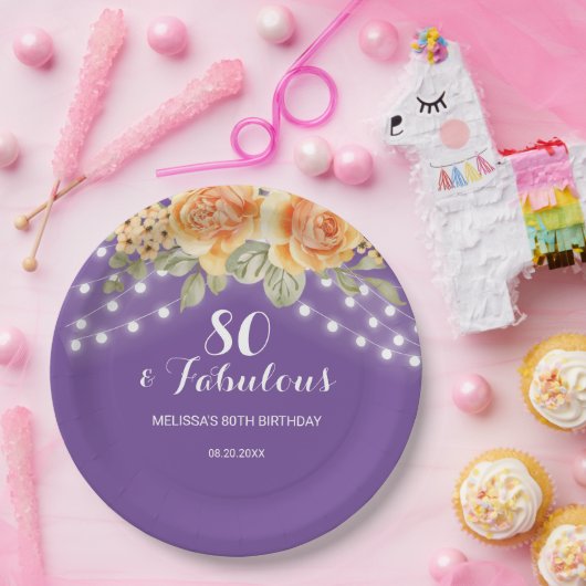 オレンジバラストリングライツパープル誕生日 ペーパープレート (パーティー)