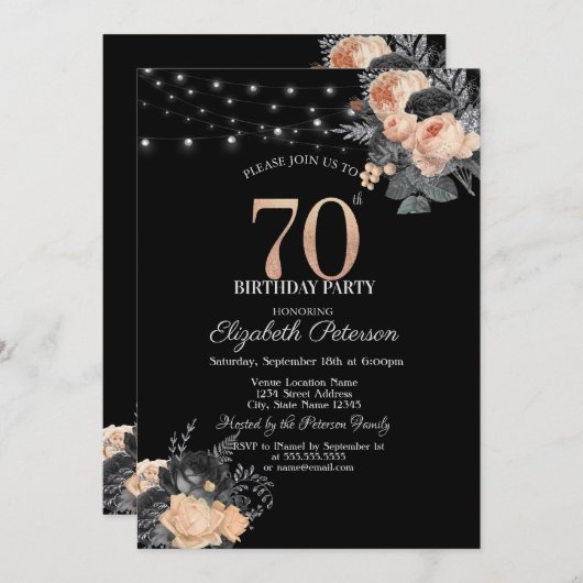 オレンジバラストリングライツブラック70誕生日 招待状 (正面/裏面)