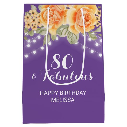 オレンジバラフローラストリングライツパープル誕生日 ミディアムペーパーバッグ (裏面)