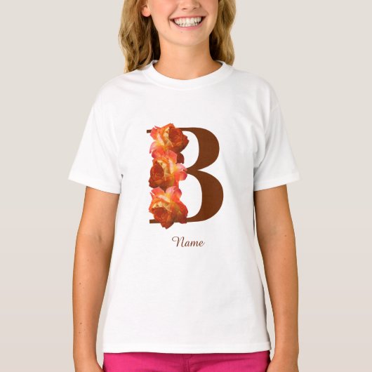 オレンジバラモノグラムイニシャルBあなたの名前 Tシャツ (正面)
