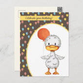 オレンジバルーン付きカワイアヒルスケッチ誕生日 ポストカード (正面/裏面)