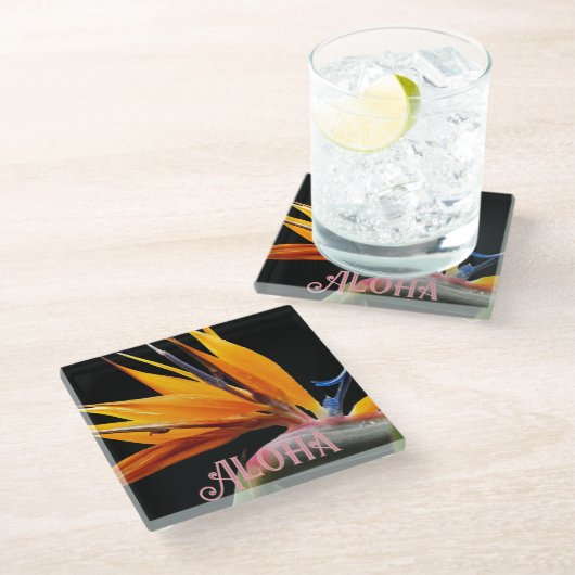 オレンジバードオブパラダイスプラント開花アロハ ガラスコースター (アングル)