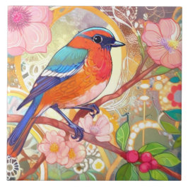 オレンジバードピガーリーンク春フラワーフローラ タイル