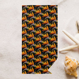 オレンジバード・オブ・パラダイス植物模様(ブラック) ビーチタオル