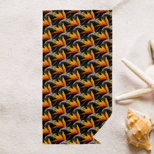 オレンジバード・オブ・パラダイス植物模様(ブラック) ビーチタオル