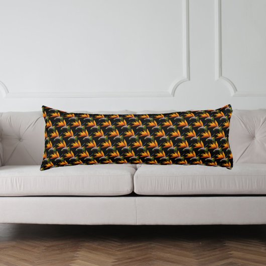 オレンジバード・オブ・パラダイス植物模様（ブラック） ボディピロー