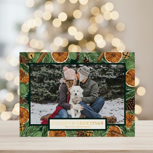 オレンジパイン素朴リースゴールドフォイルグリーンホリデー 箔シーズンカード