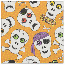 オレンジパターンの面白いハロウィーンスカル ファブリック