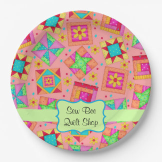 オレンジパッチワークキルトのブロック名のハッピーバースデー ペーパープレート