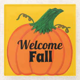 オレンジパンプキンウェルカム秋 ガラスコースター
