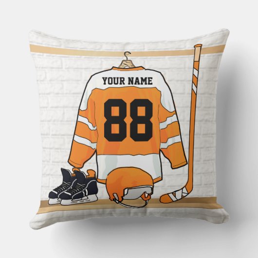 オレンジパーソナライズされたとホワイトアイスホッケージャージー クッション (裏面)